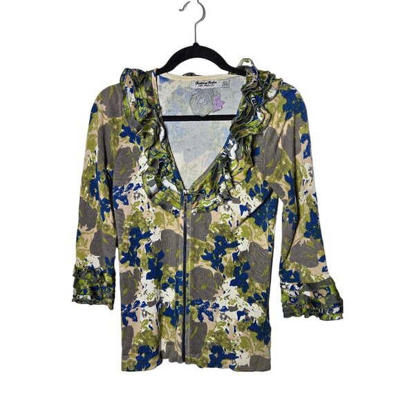 Twelve by Twelve Floral 3/4 Sleeve Full Zip Cardigan Sweater Size Medium Ruffled - Picture 1 of 11